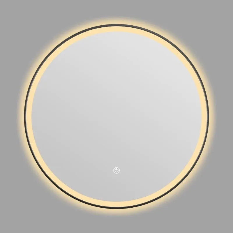 Round black aluminium frame smart LED bathroom mirror with touch dimming control on wall.