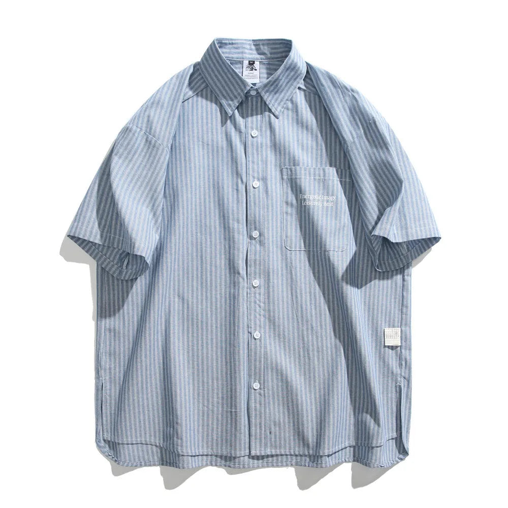 Blue and white striped loose-fitting short-sleeve cardigan shirt on a hanger