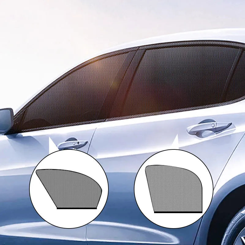 Set of four grey mesh car side window sunshades with elastic edges for front and rear windows.
