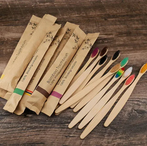 Set of 10 colourful bamboo toothbrushes with charcoal-infused soft bristles and natural bamboo handles