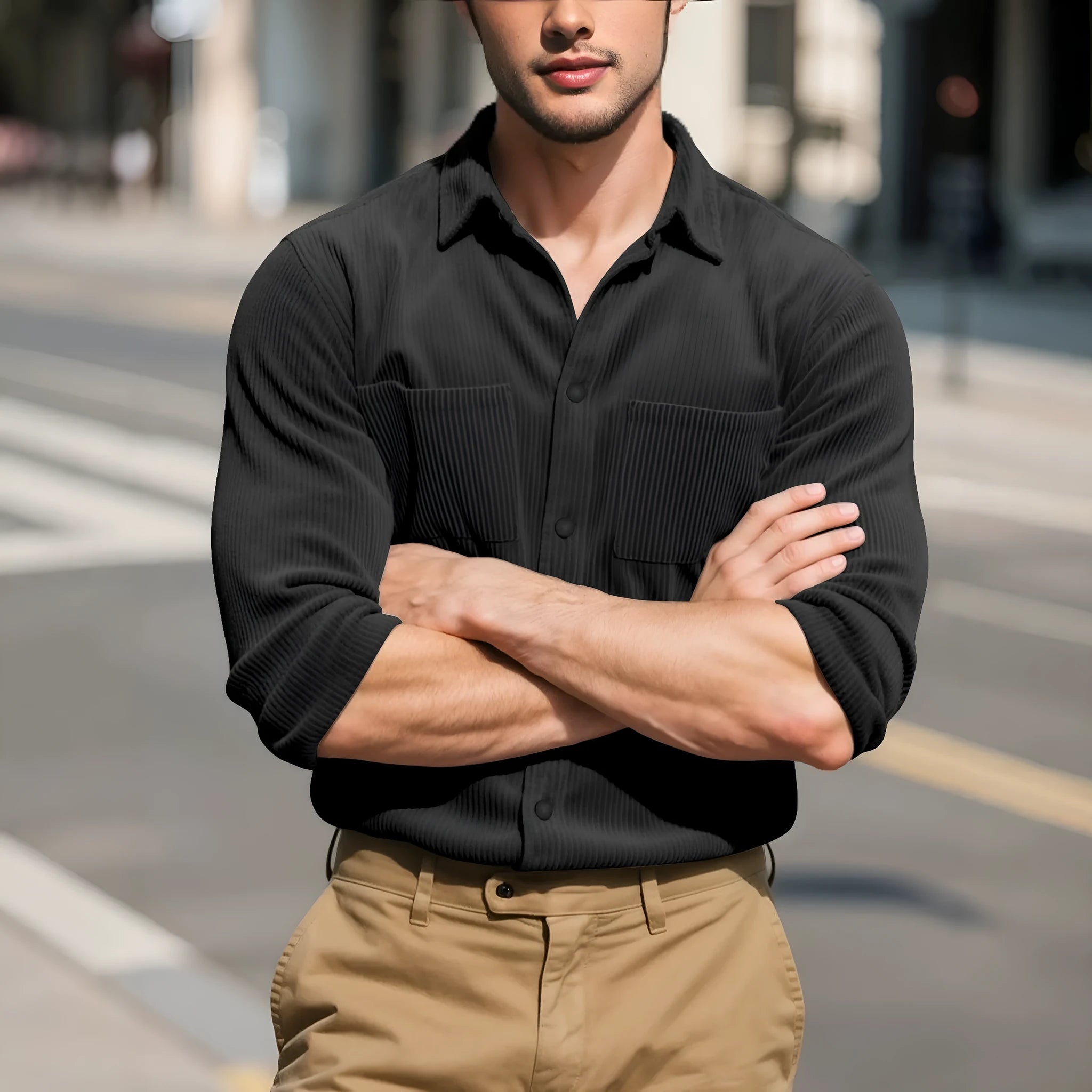 Men's slim-fit corduroy lapel jacket in dark gray, front view, long sleeves, polyester fabric