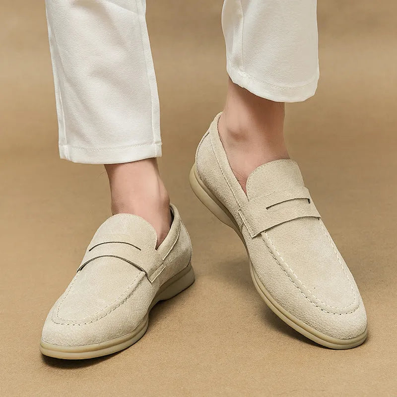 Men's beige leather slip-on shoes with round toe and rubber sole