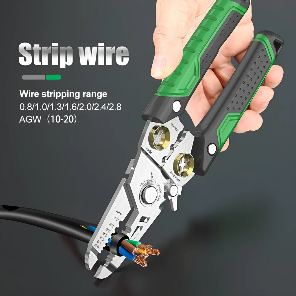 Stainless steel multifunction wire stripper tool with seven stripping ports and two-colour handle.