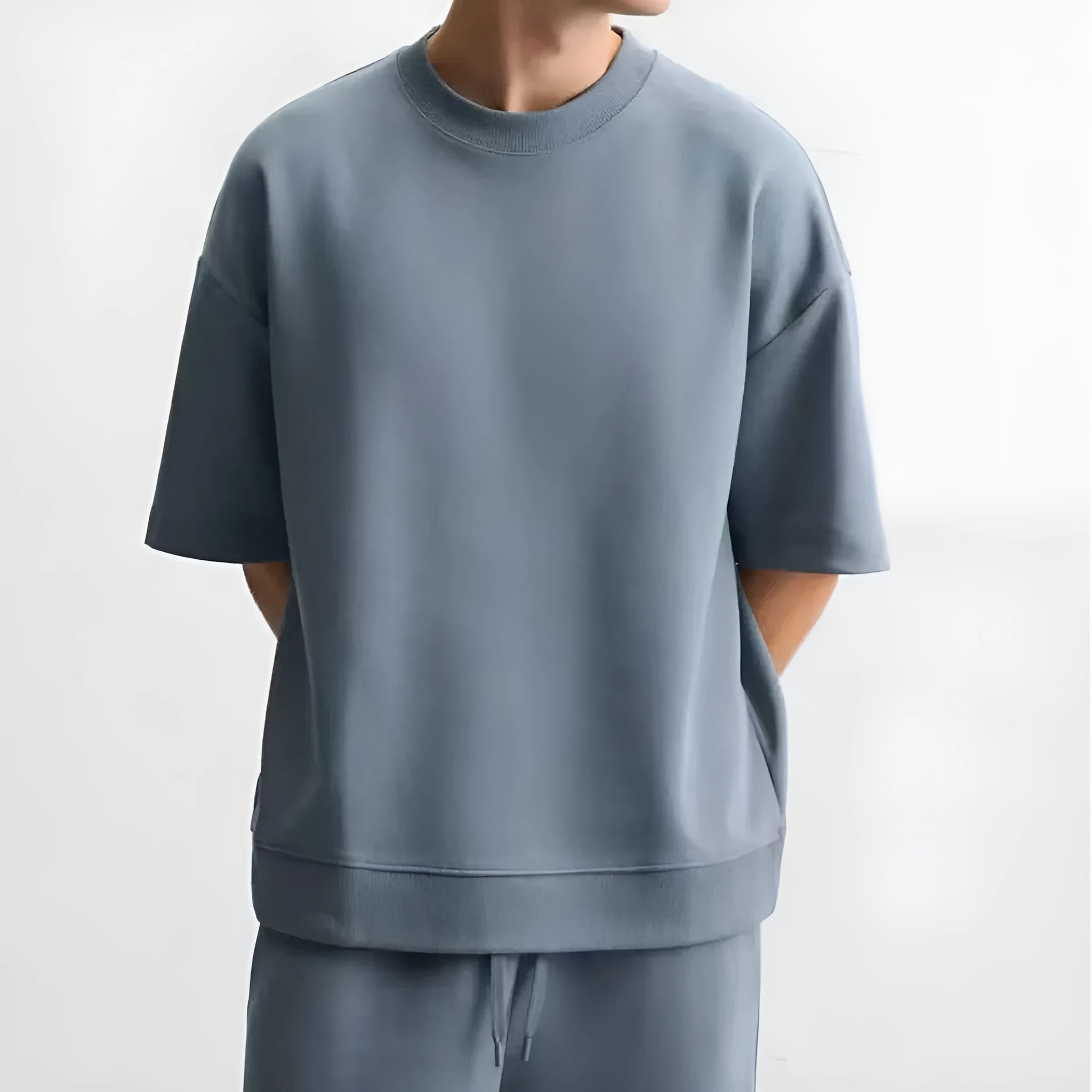 Loose fit short sleeve shirt and matching shorts set in polyester double-sided cloth texture