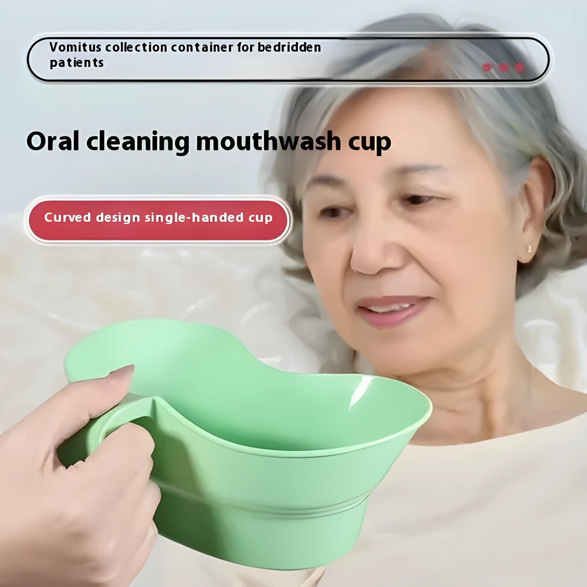 Green plastic nursing gargle cup with angled spout for bedridden patient mouthwash routines
