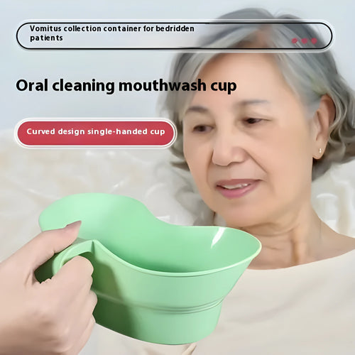 Green plastic nursing gargle cup with angled spout for bedridden patient mouthwash routines