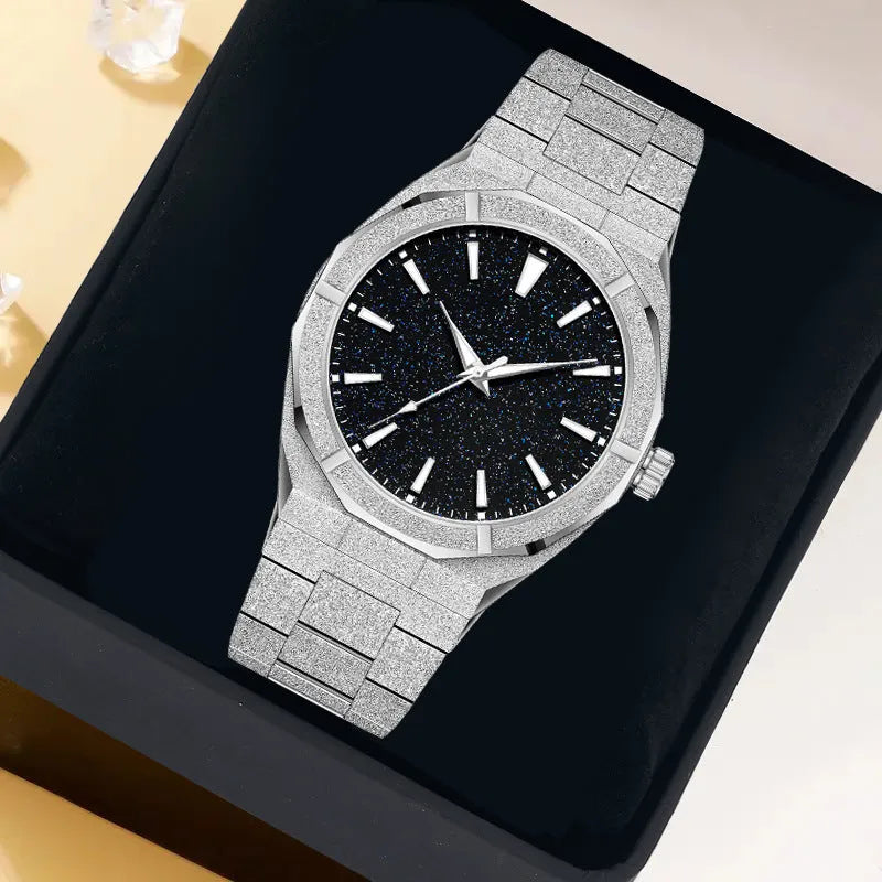 Men's business watch with frosted stainless steel case, luminous hands, analogue display in silver colour