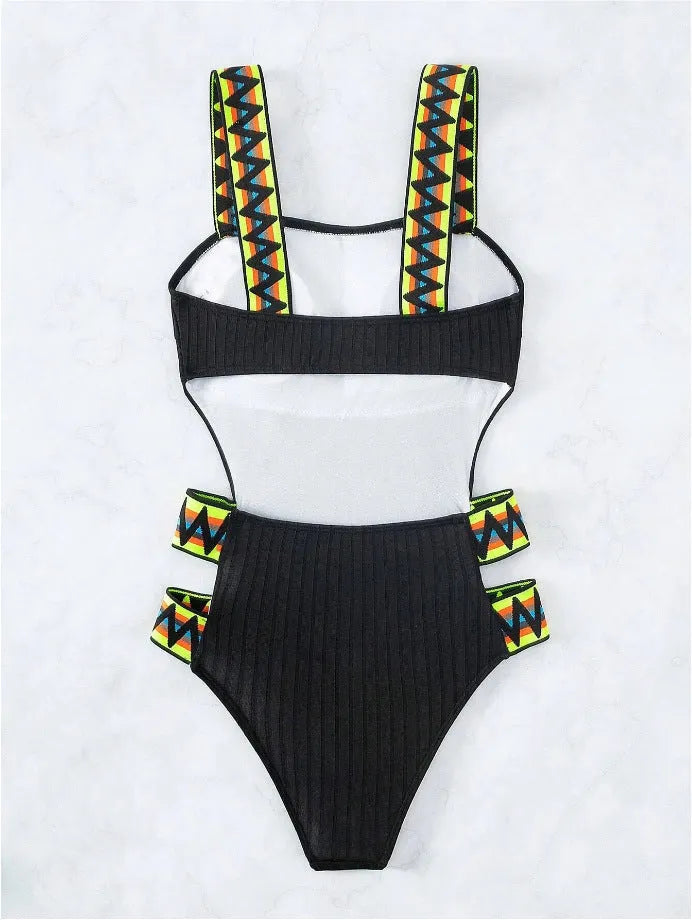 Women's black and orange solid colour one-piece swimsuit in polyester fabric