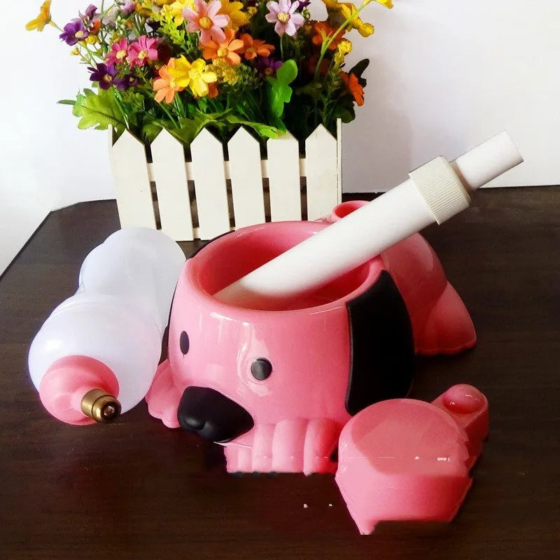 Pink adjustable height pet drinking bowl on a rod-lifting stand