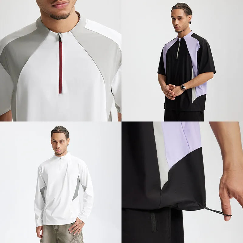 Men's black and beige stitching top with long and short sleeve options in polyester fabric