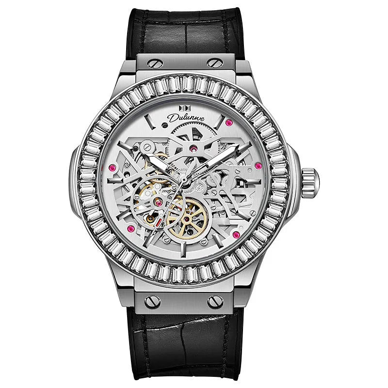 Automatic mechanical men's watch with diamond-studded hollow movement in business styling