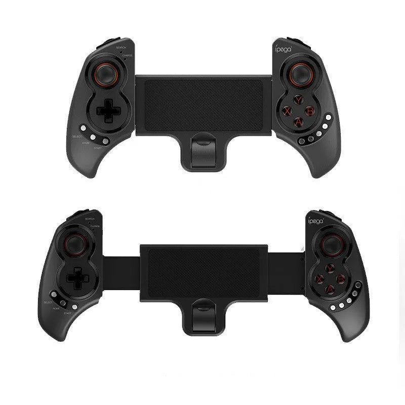 Wireless telescopic gamepad controller extended with mobile phone showing directional pad and buttons