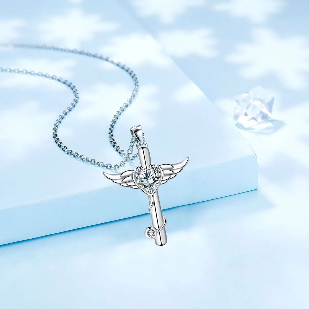 Cross stethoscope necklace with personality wings design in electroplated copper, available in white or red diamond colours