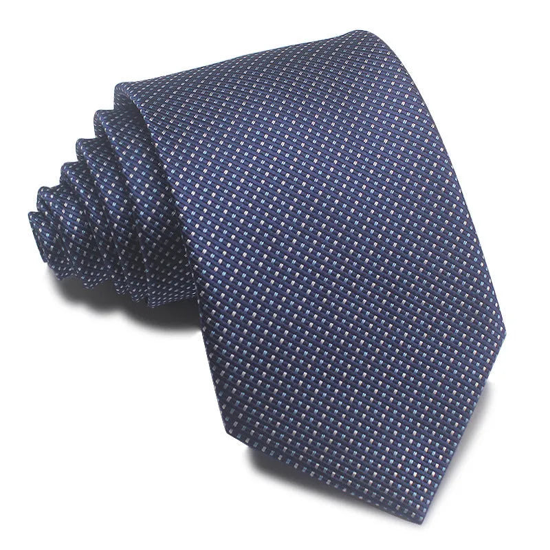 Men's red, black, and blue striped jacquard tie with an arrow shape and 8cm width.
