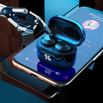 Black stereo Bluetooth wireless headset with earbuds.
