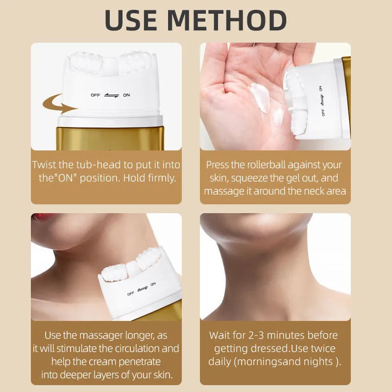 Neck moisturising cream with roller applicator for dry skin in medium sample size