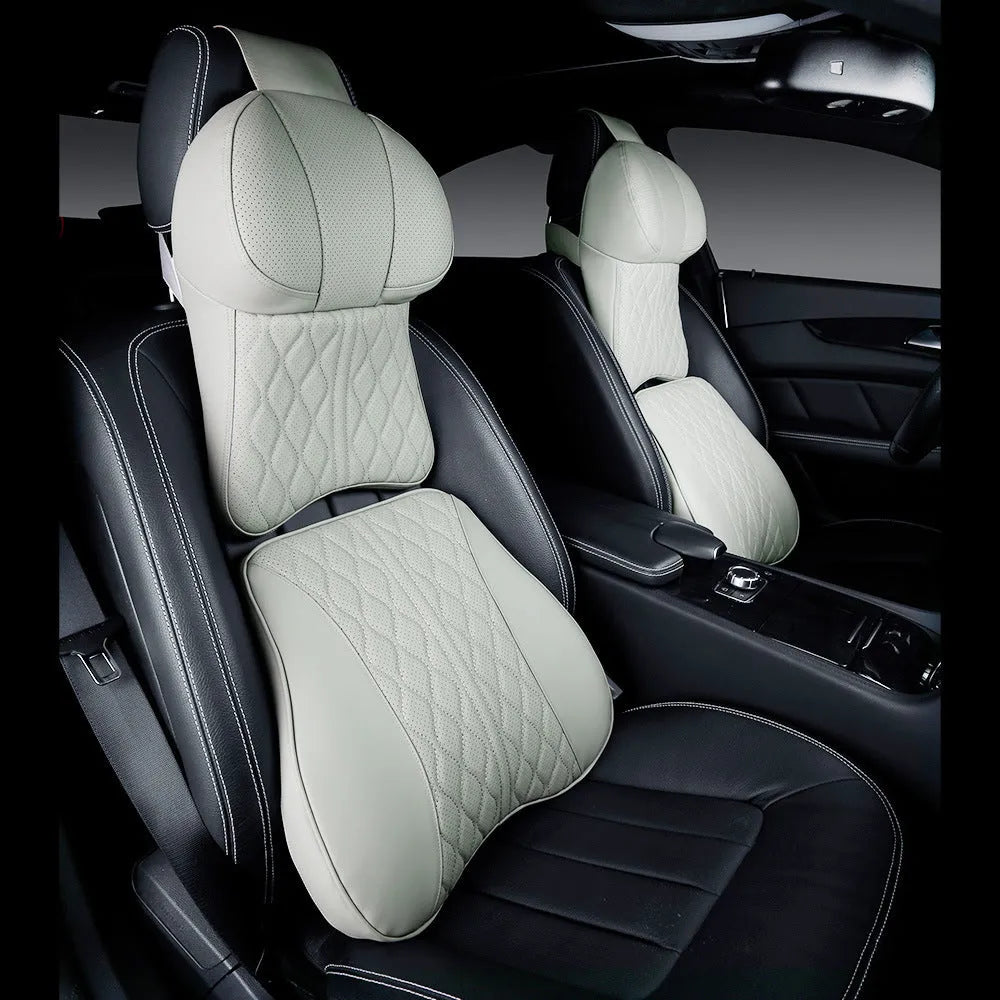 Leather embossed lumbar support pillow and matching headrest car cushion set