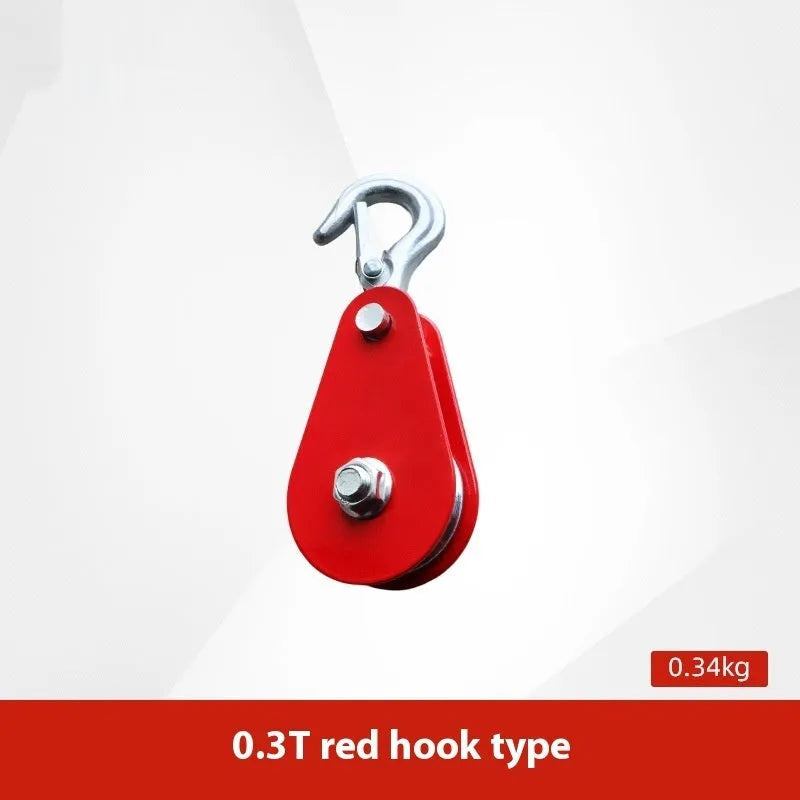Red forged steel lifting pulley with a ring hook and safety latch for industrial general lifting applications.