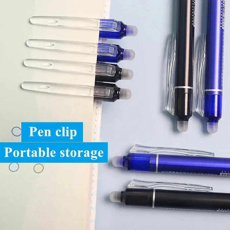 Hot erasable push gel pen with 0.5mm tip, plastic body, and push-button mechanism.