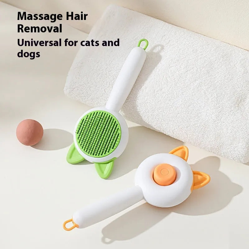 Self-cleaning pet grooming brush for cats with stainless steel teeth in greenish white colour