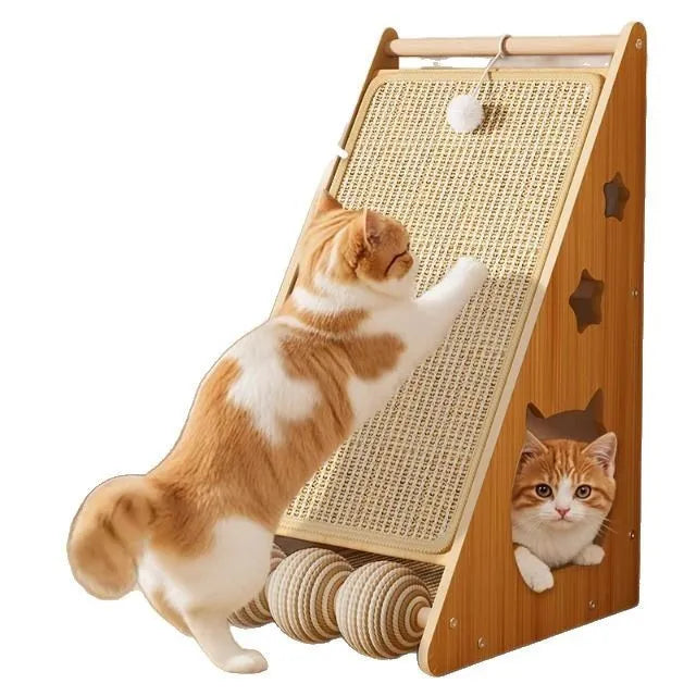 Vertical cat scratch board with sisal surface and cat teasing ball hanging from hemp rope