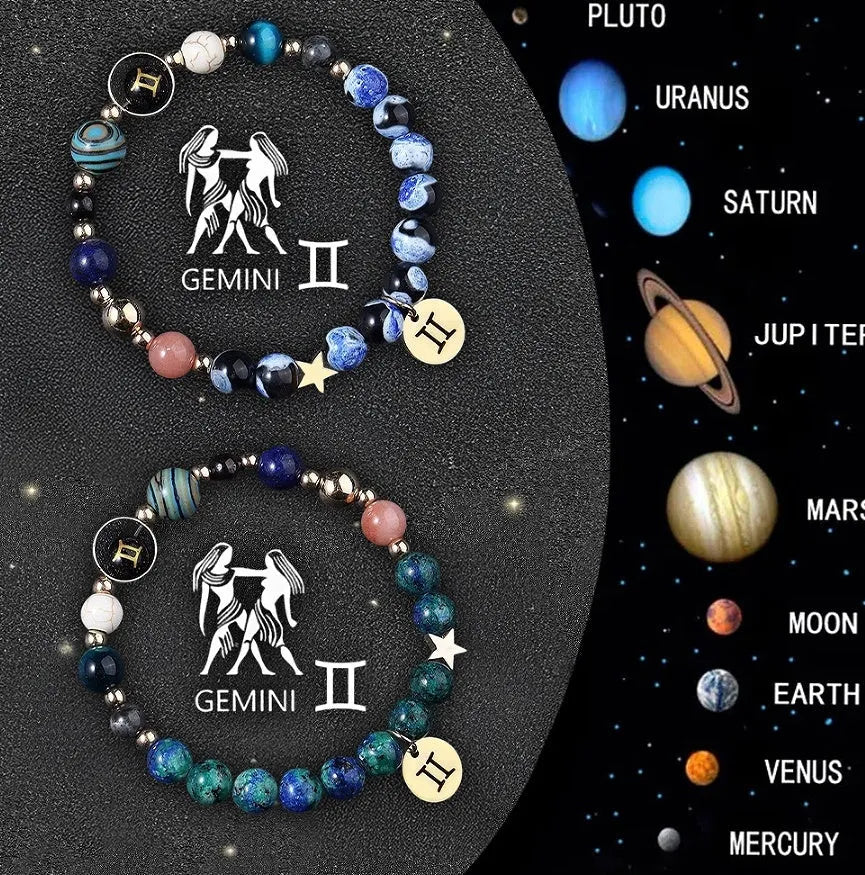 Natural stone zodiac bracelet set showing twelve astrology sign designs with mineral bead construction