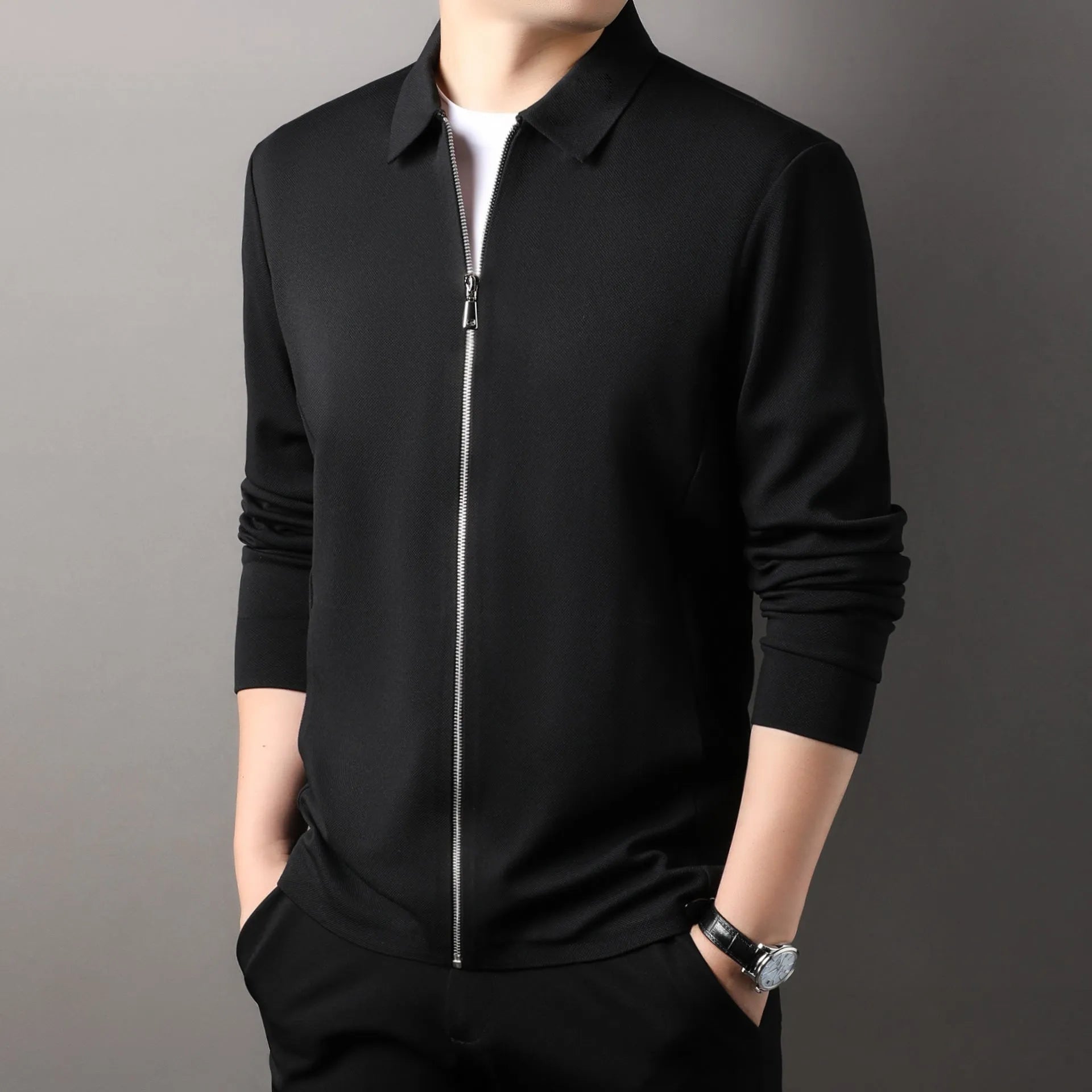 Men's polyester jacket in black, dark grey, or apricot with long sleeves and straight hem.