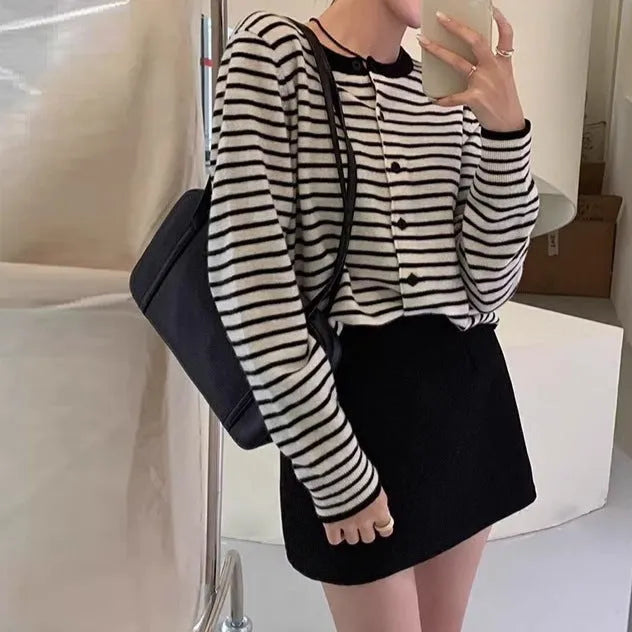 Women's dark grey and white striped French style cardigan coat with slim fit and cropped 40cm length