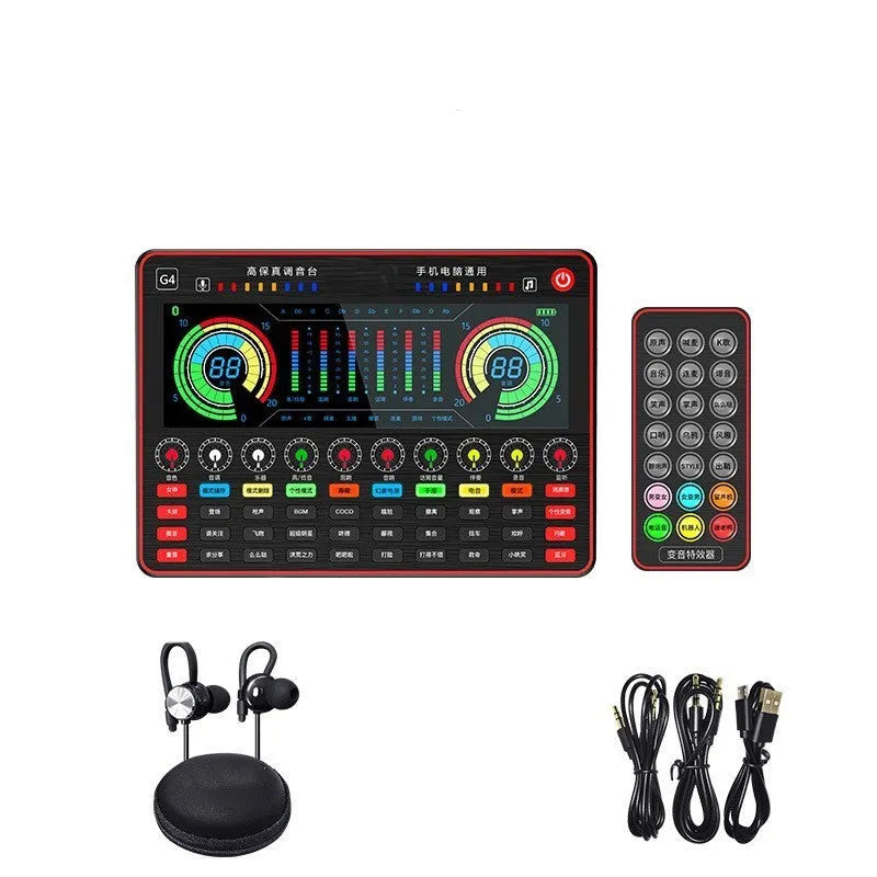 G4 professional live sound card mixer set with microphone, remote control, and audio cables on a table