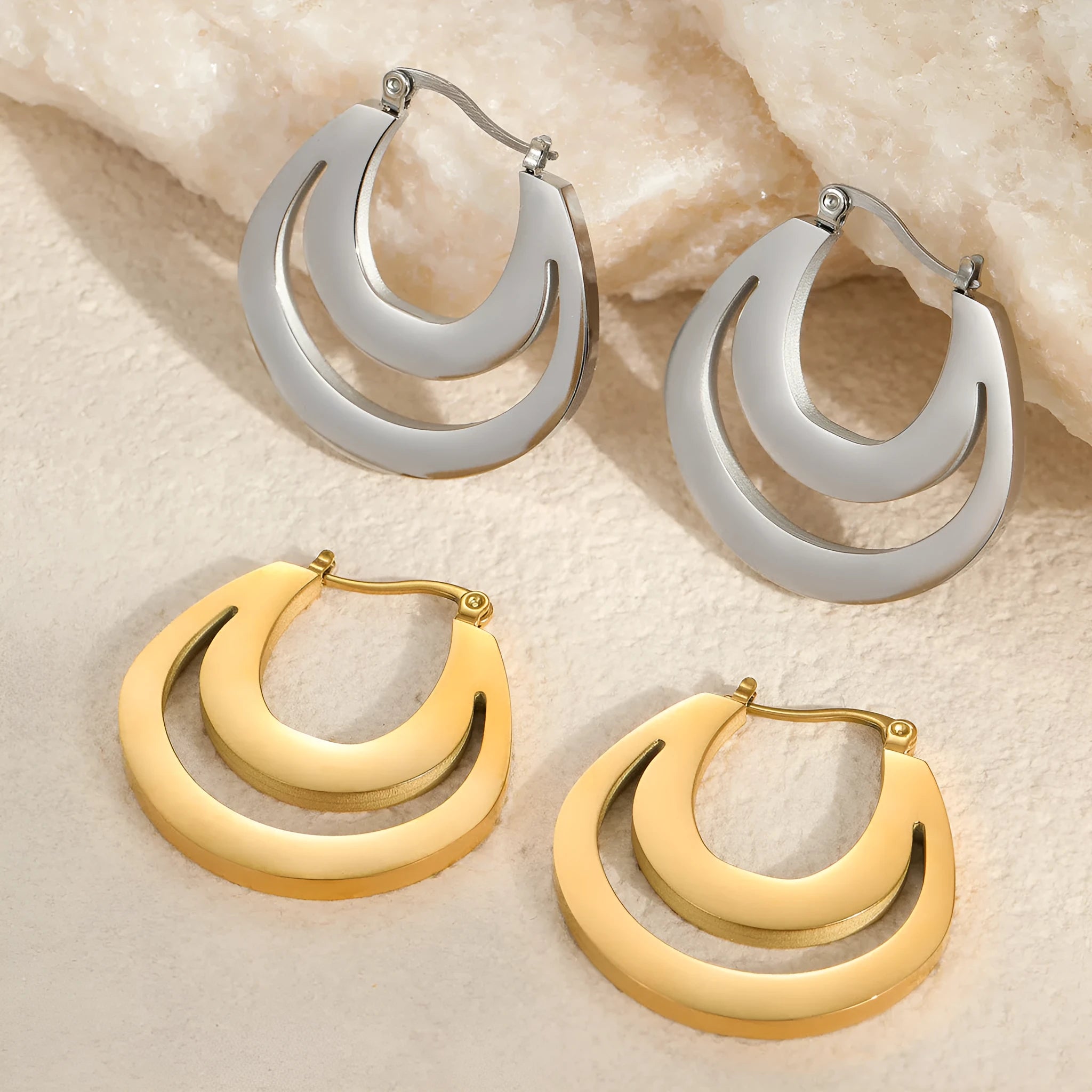Geometric French earrings with 18K gold plating on stainless steel in minimalist round ring design