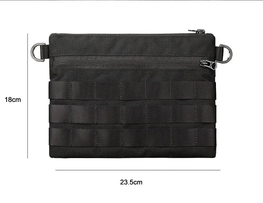 Black Oxford cloth outdoor organiser pouch with compact size for gear organisation.