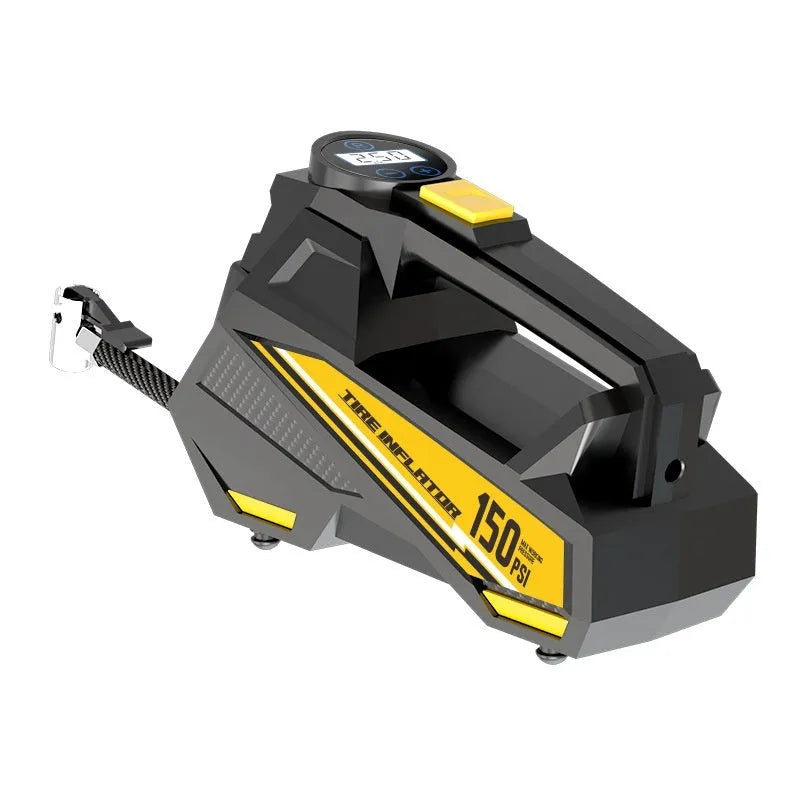 Black vehicle-mounted tyre inflator with digital display showing pressure readings