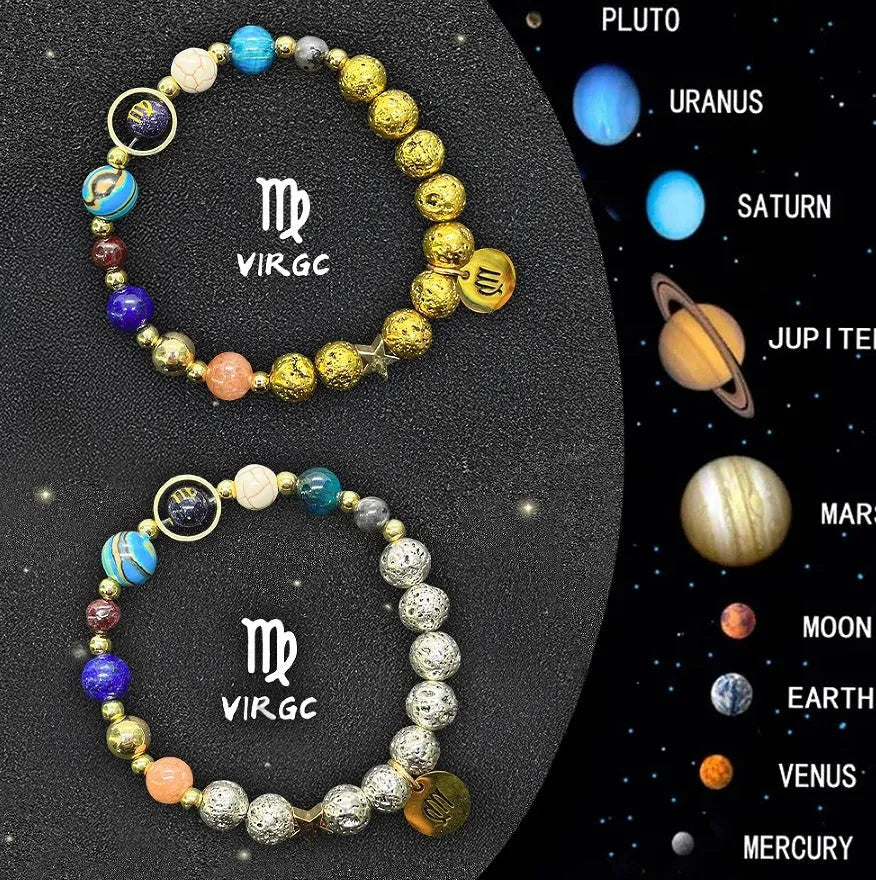 Set of two natural stone beaded bracelets with twelve different zodiac sign designs.