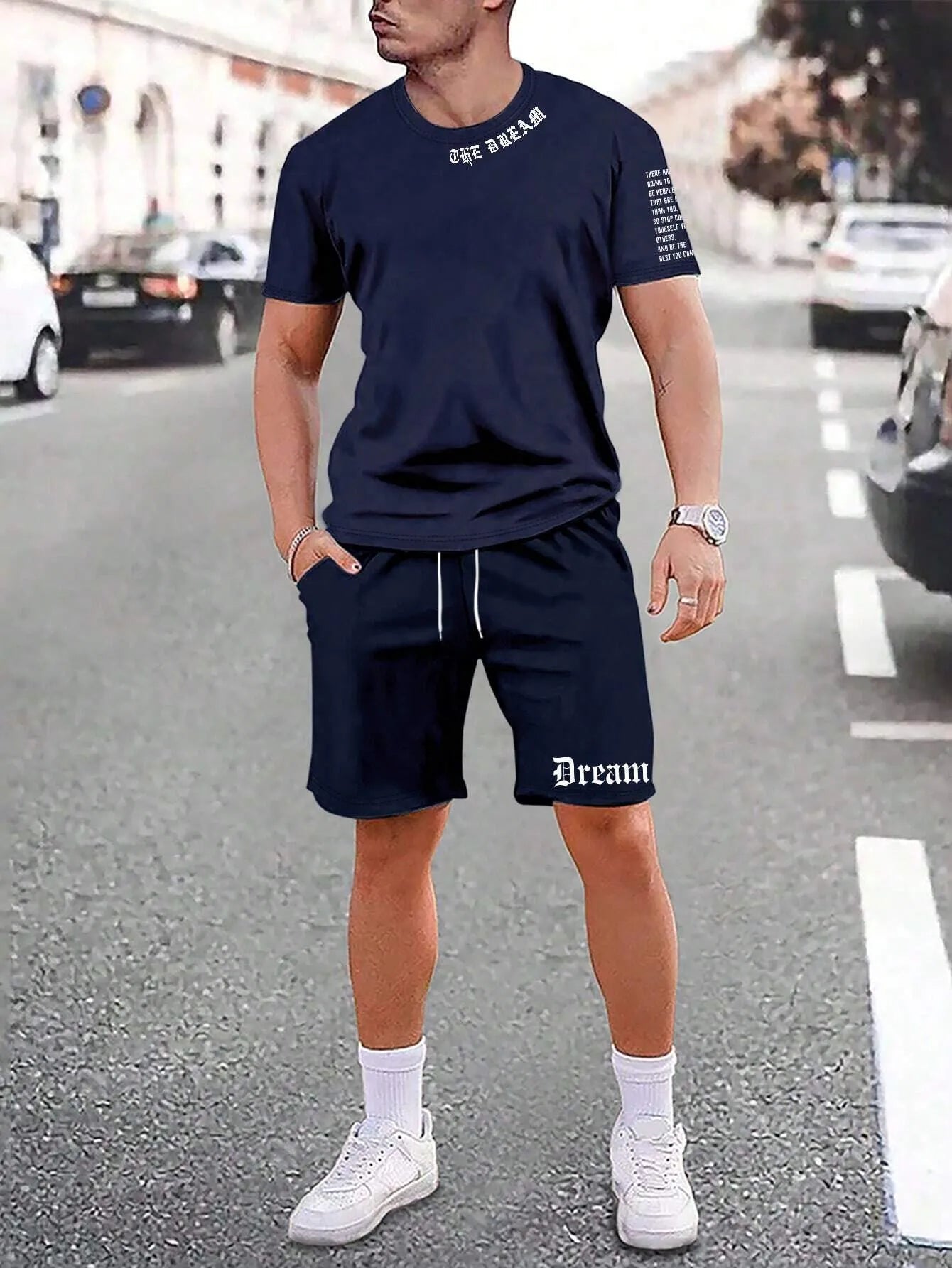 Lightweight quick-dry short-sleeved top and matching shorts sports set on a neutral background.