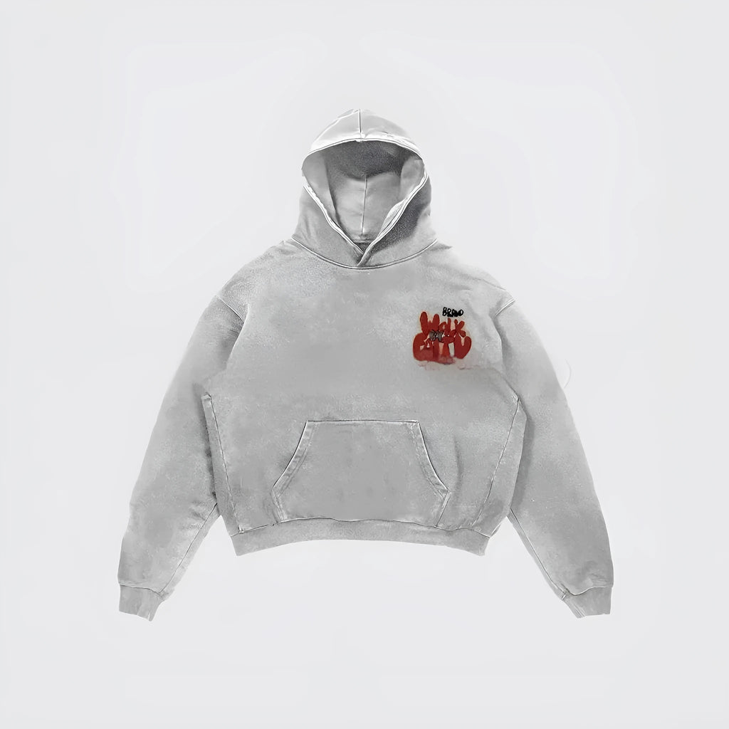 Women's Granny Grey hoodie with vintage Harajuku style letter print and a front pocket.