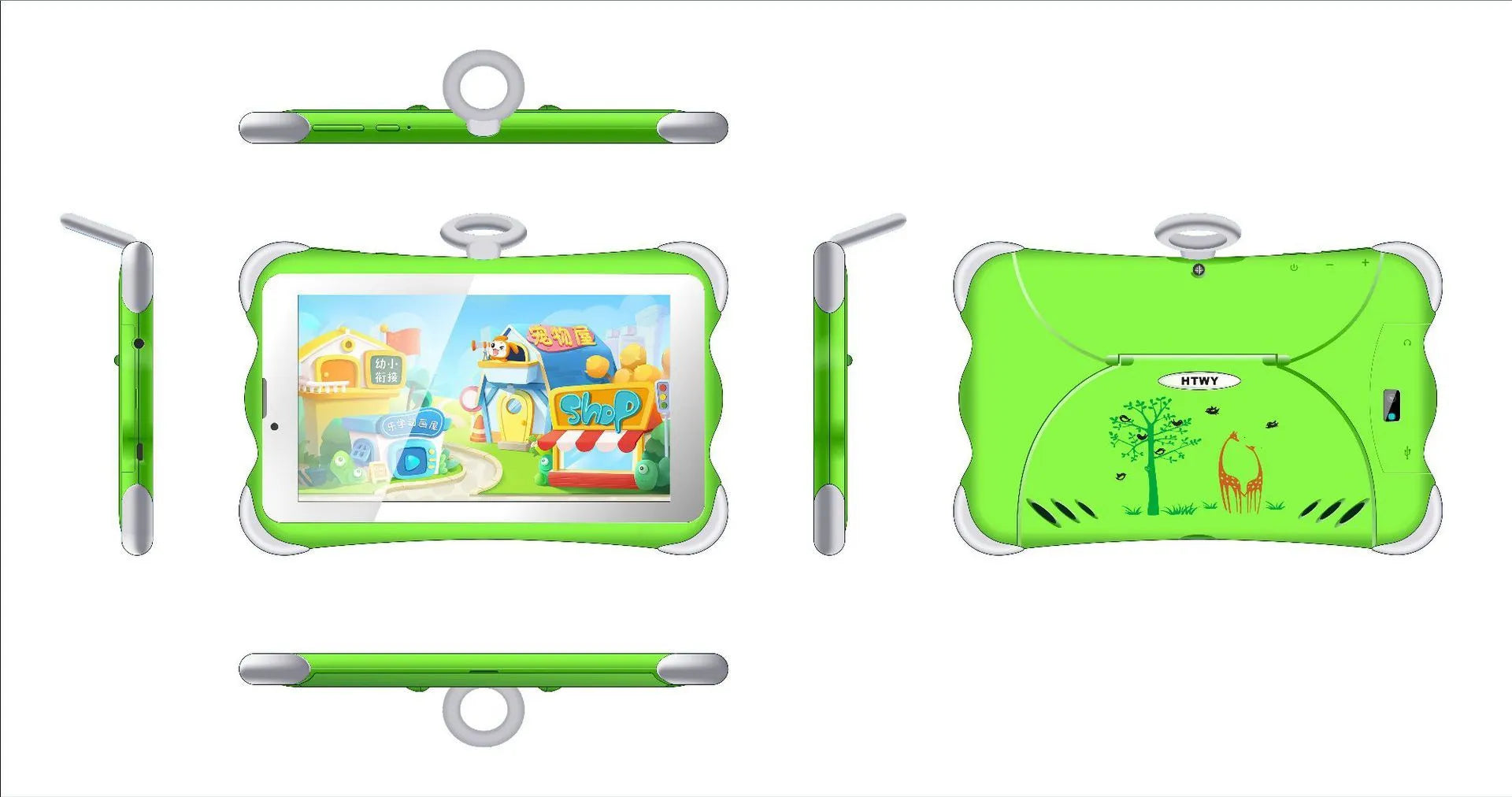 Cartoon-coloured 7-inch children's learning tablet with a flip-out stand on a table