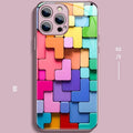 Colourful building block geometry pattern on a black silicone back cover case for an iPhone.