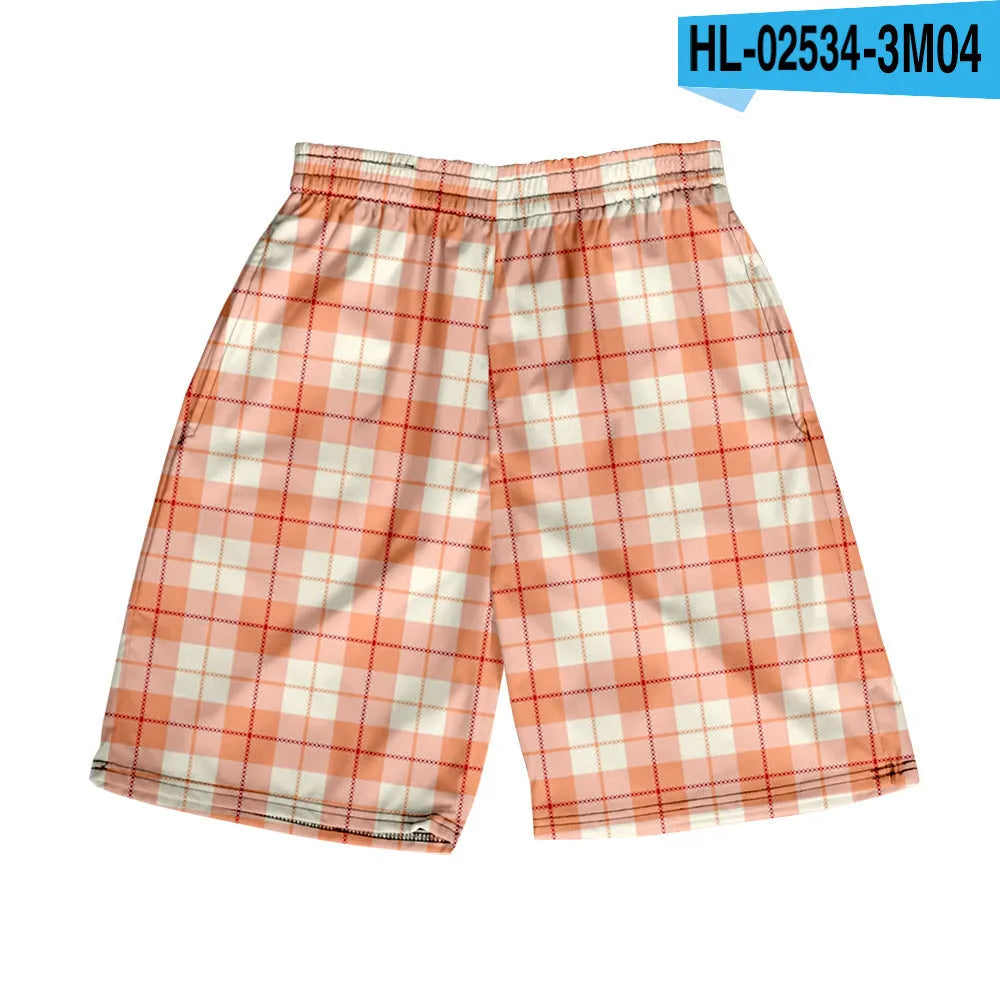 Men's plaid polyester shorts with elastic waistband in straight cut design