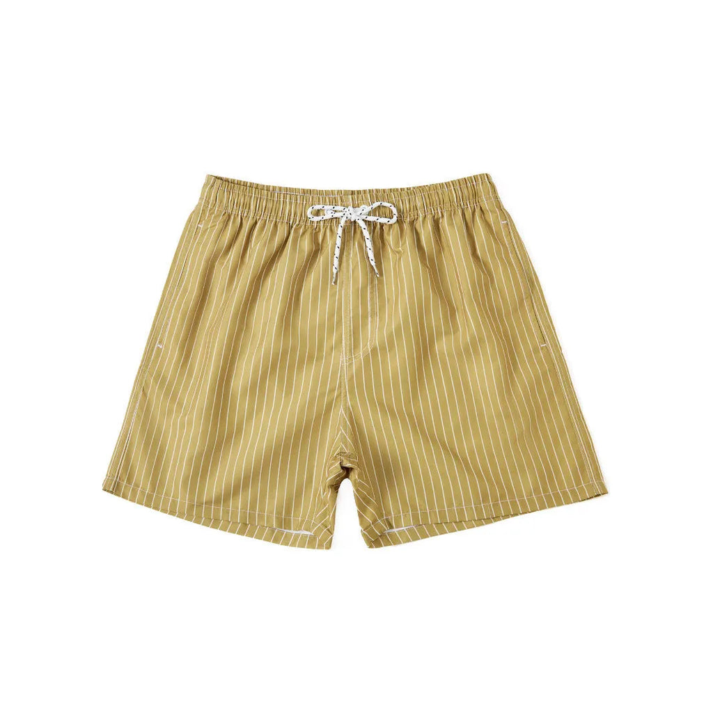 Men's striped beach shorts in polyester blend fabric, showing straight leg opening and available colour options.