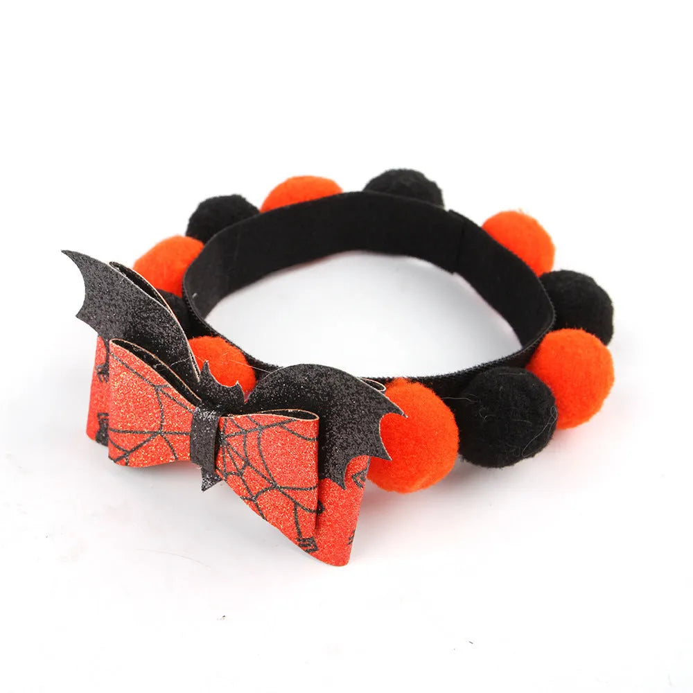 Halloween pet collar with fur ball decorations in pumpkin, skull, witch and bow designs