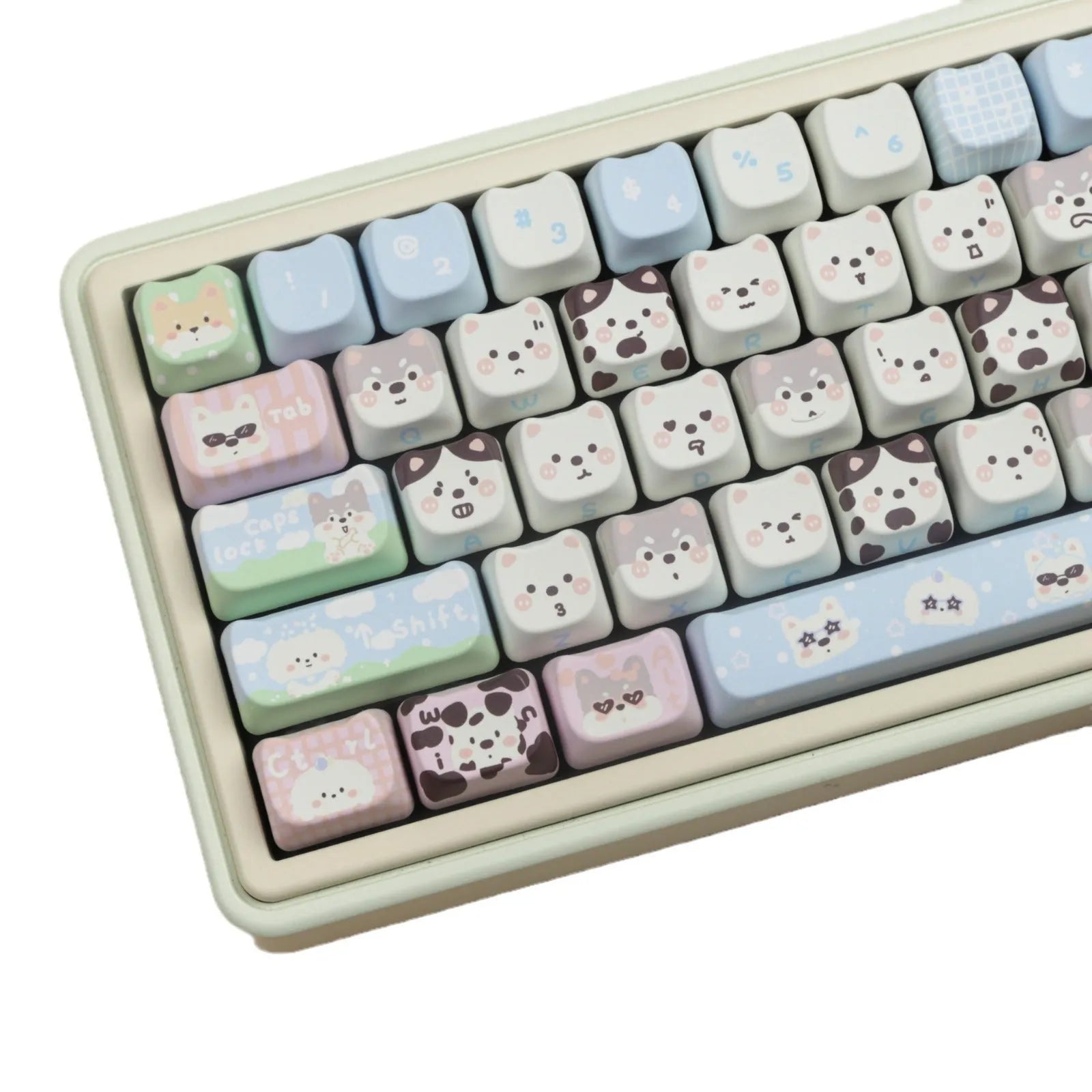 PBT sublimation key cap set showing colourful cat and puppy character designs on mechanical keyboard keys