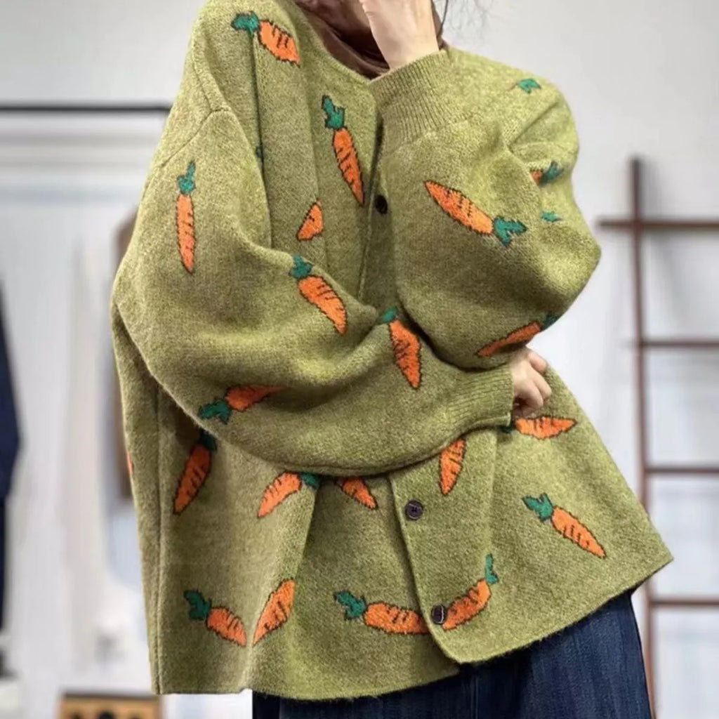 Loose Mori print cardigan with colour contrast artistic design on viscose fabric