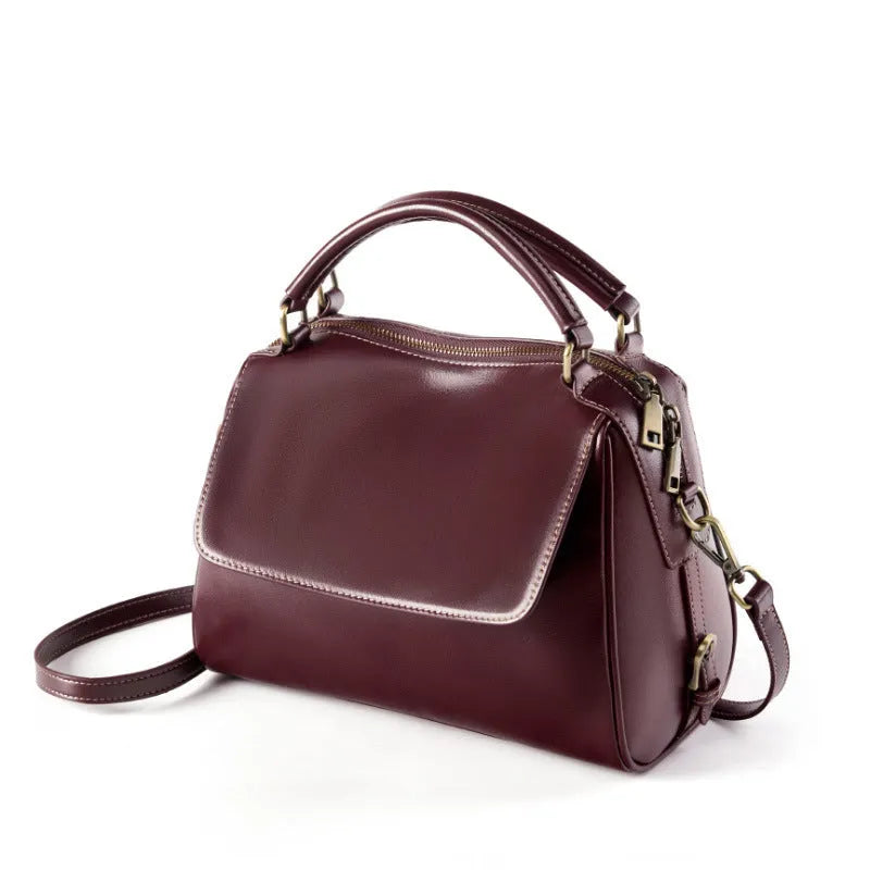 Women's genuine leather crossbody tote bag in cross-square shape with internal compartments and double shoulder straps
