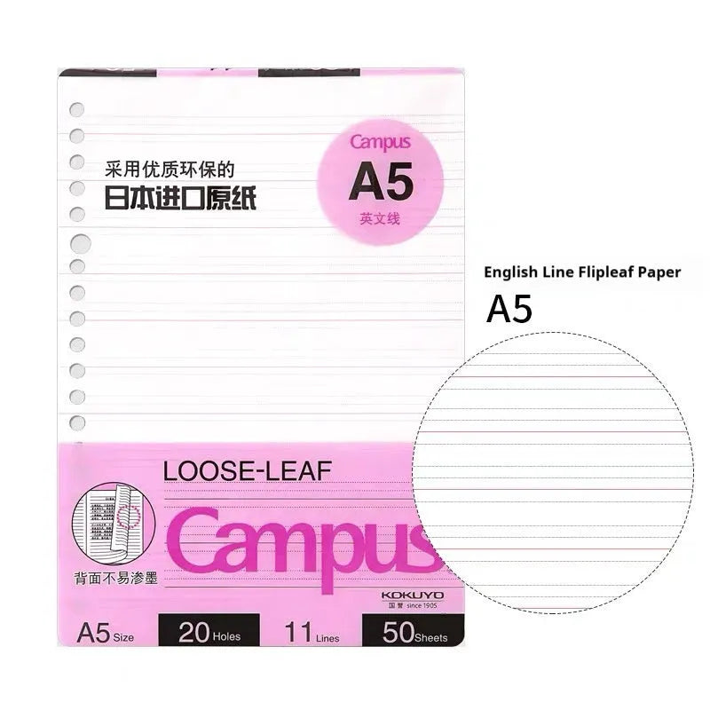 Refillable loose-leaf spiral notebook with PP cover open, showing raw wood pulp paper in grid ruling.