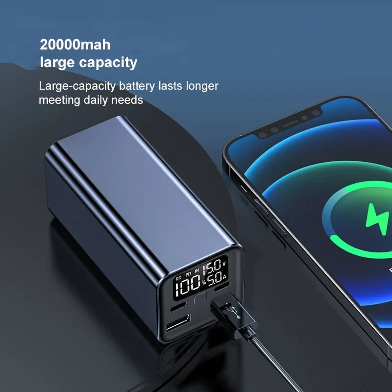 Black metal 65W laptop power bank with 20000mAh capacity showing USB ports