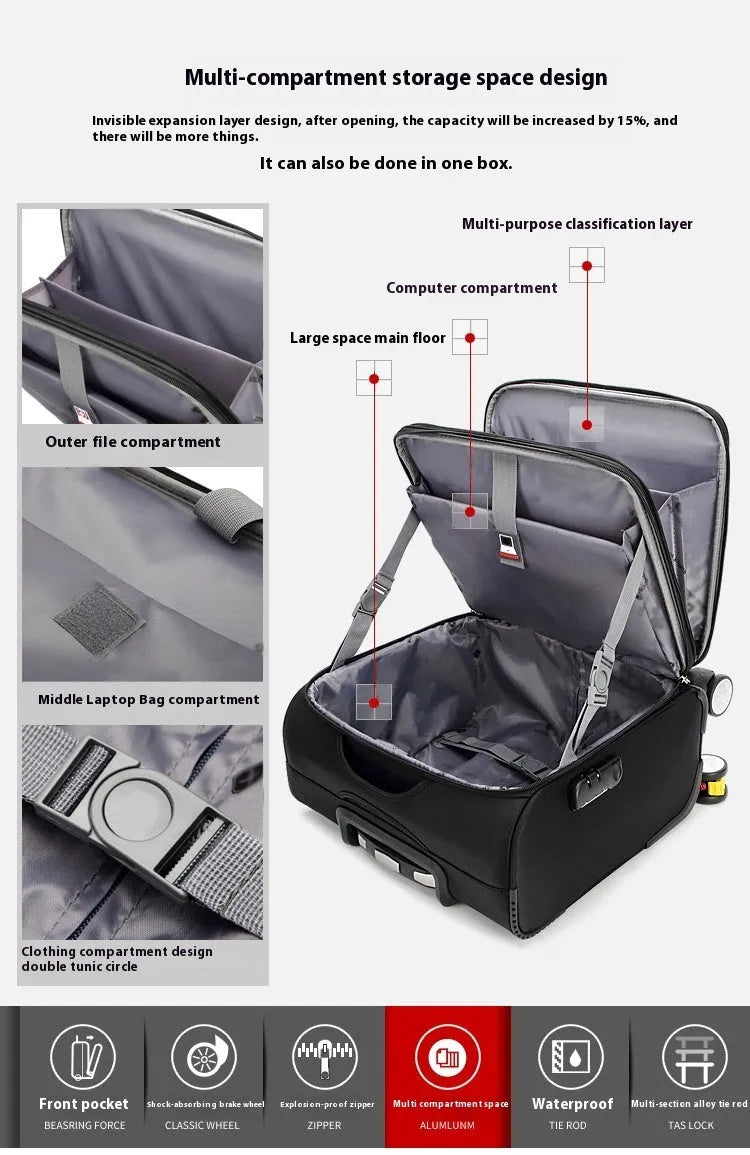 Black 18-inch Oxford cloth boarding suitcase with universal wheels and retractable handle