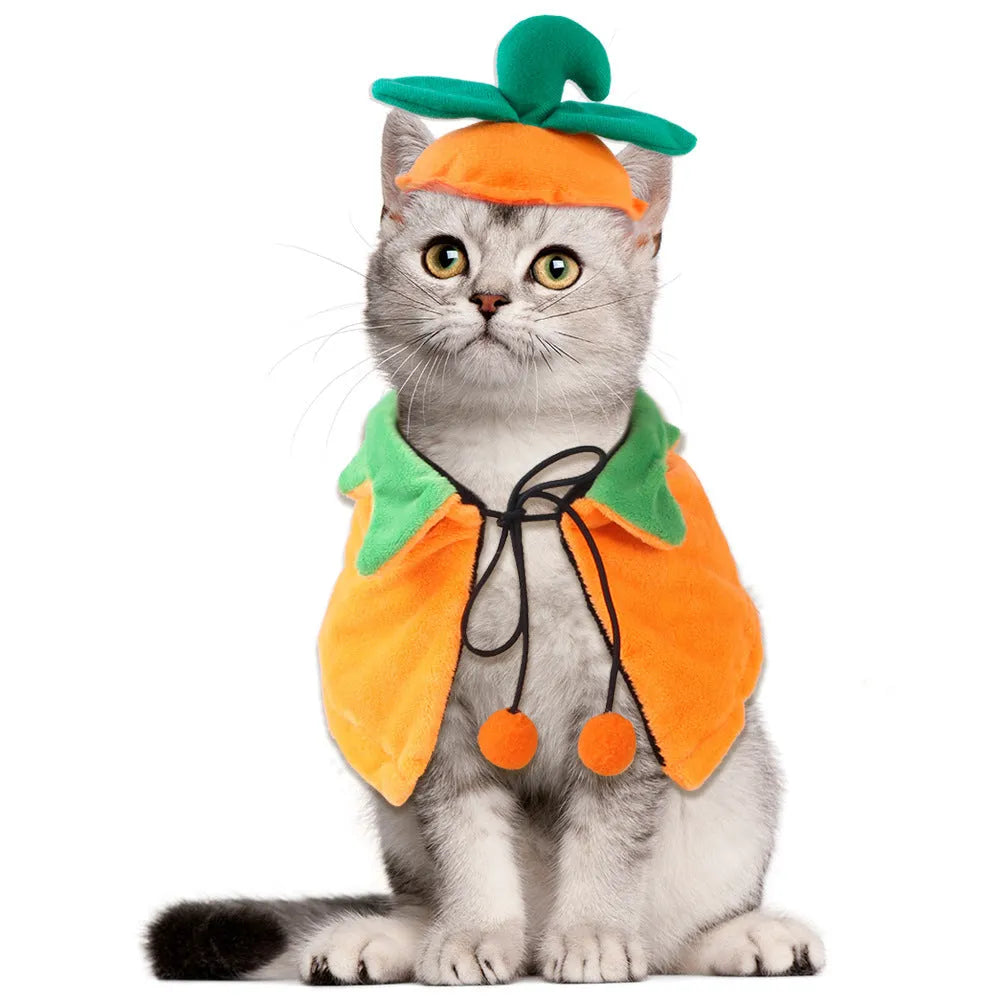 Orange pumpkin-themed plush cloak for dogs and cats with double-sided design