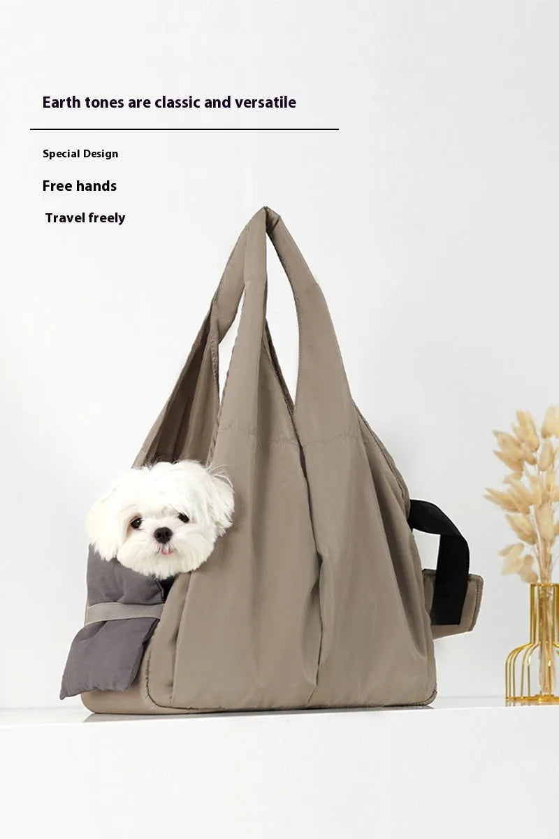 Apricot cloth pet carrier handbag with breathable construction for summer outdoor transport