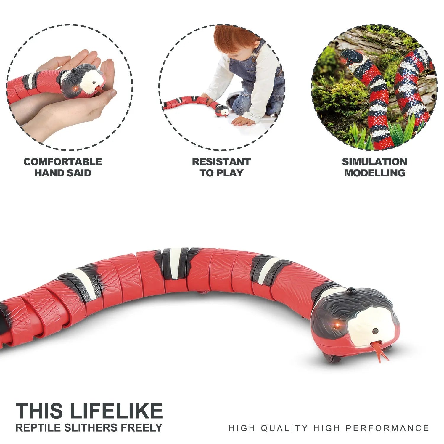 Automatic electronic snake cat toy with segmented plastic body on a floor