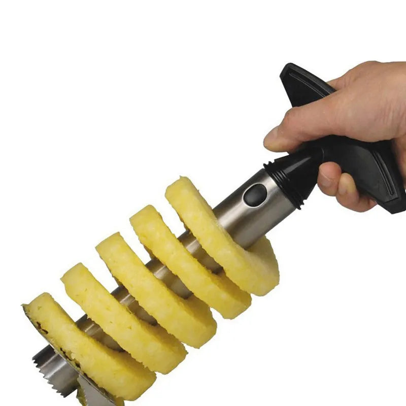Stainless steel pineapple peeler with black handle and coring blade, 83.7 mm width, shown on white background